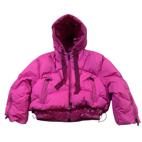 Cropped Puffer Jacket Goose Down Fill Silk Blend Sz S Hot Pink Barbie - Picture 1 of 8